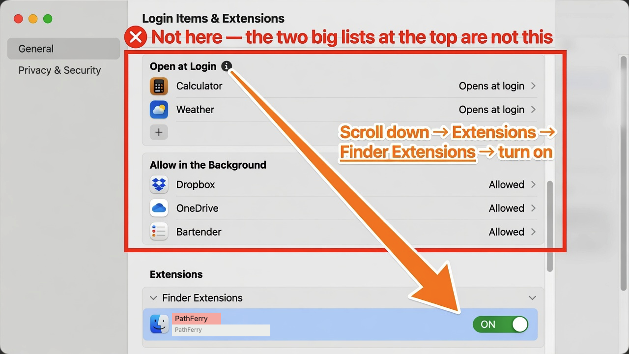 Login Items & Extensions page. The two lists at the top are not the switch.